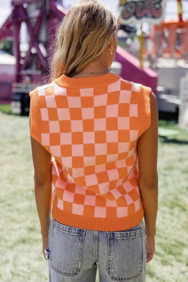 Russet Orange Checkered V Neck Knitted Sleeveless Top