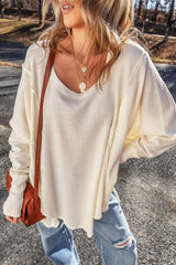 White Waffle Knit Exposed Seam Round Neck Oversized Top