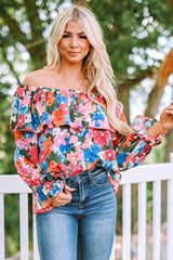 Multicolor Bohemian Floral Print Shirred Ruffle Off Shoulder Blouse