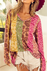 Multicolor Floral and Leopard Print Long Sleeve T Shirt