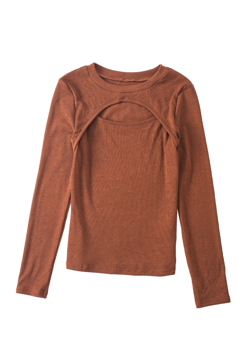 Brown Ribbed Peekaboo Cutout Long Sleeve Top