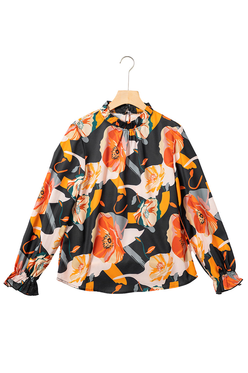 Black Floral Frilled Neck Peasant Sleeve Blouse