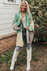 Green Colorblock Draped Open Front Cardigan