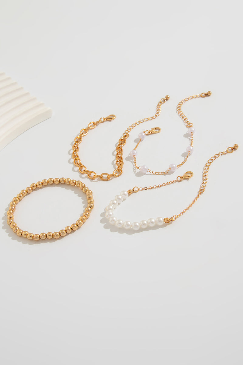 Gold Plated Chain Pearl Beaded 4Pcs Minimalist Bracelet Set