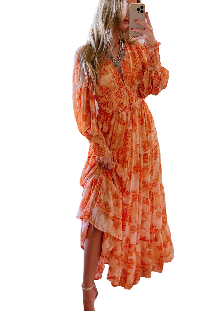 Orange Boho Floral Bishop Sleeve V Neck Tiered Maxi Dress