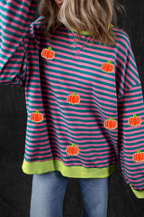 Sky Blue Stripe Glitter Halloween Pumpkin Print Oversized Sweatshirt