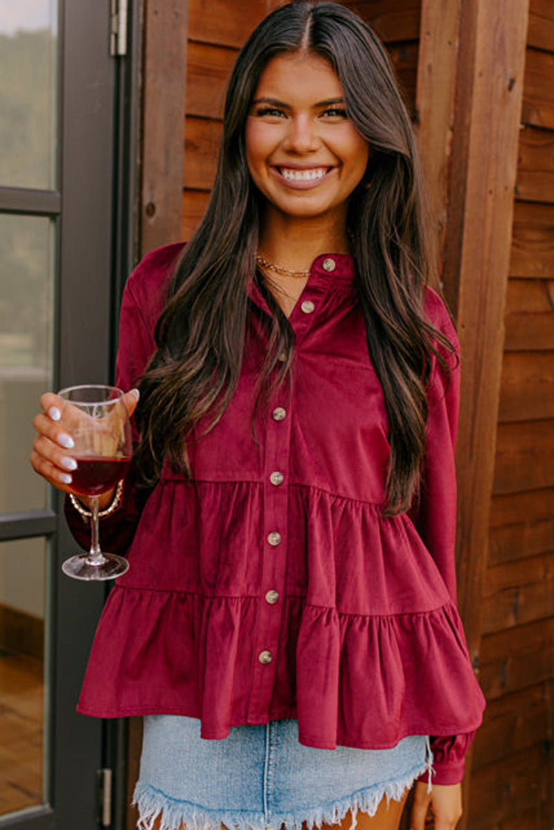 Burgundy Smocked Ruffle Tiered Button-up Shirt