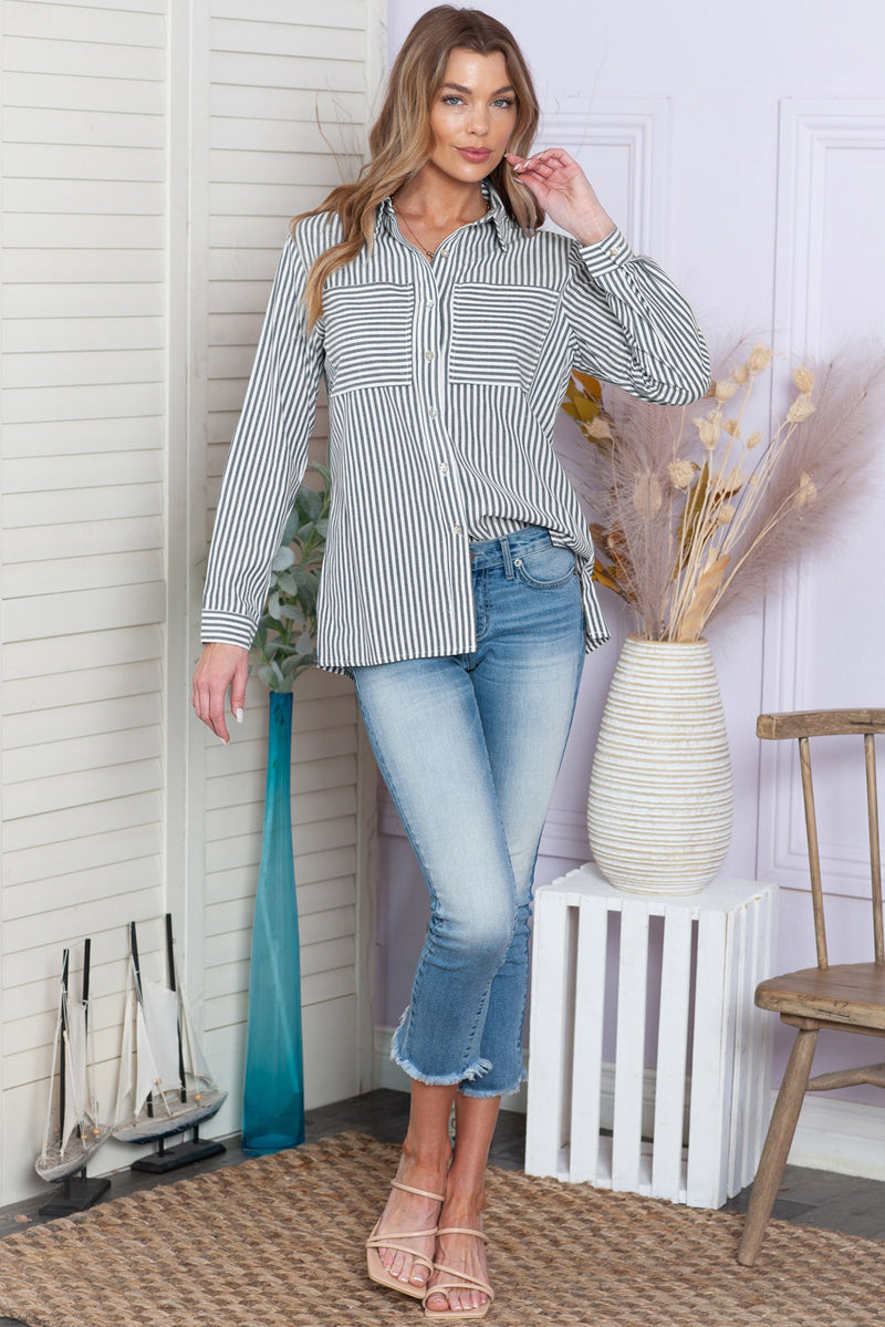 Blue Striped Chic Pockets Roll Up Sleeve Buttons Front Shirt