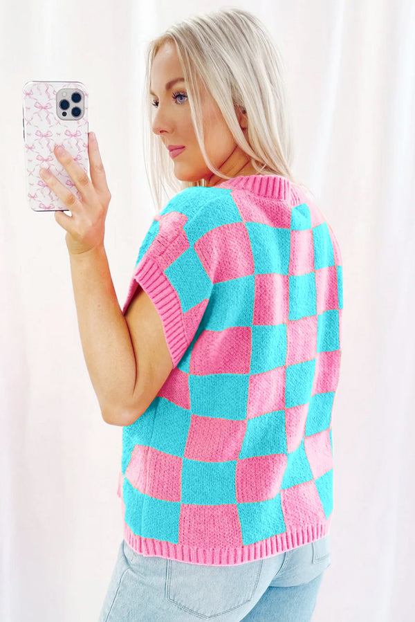 Sachet Pink Colorblock Checkered Knit Dolman Tee