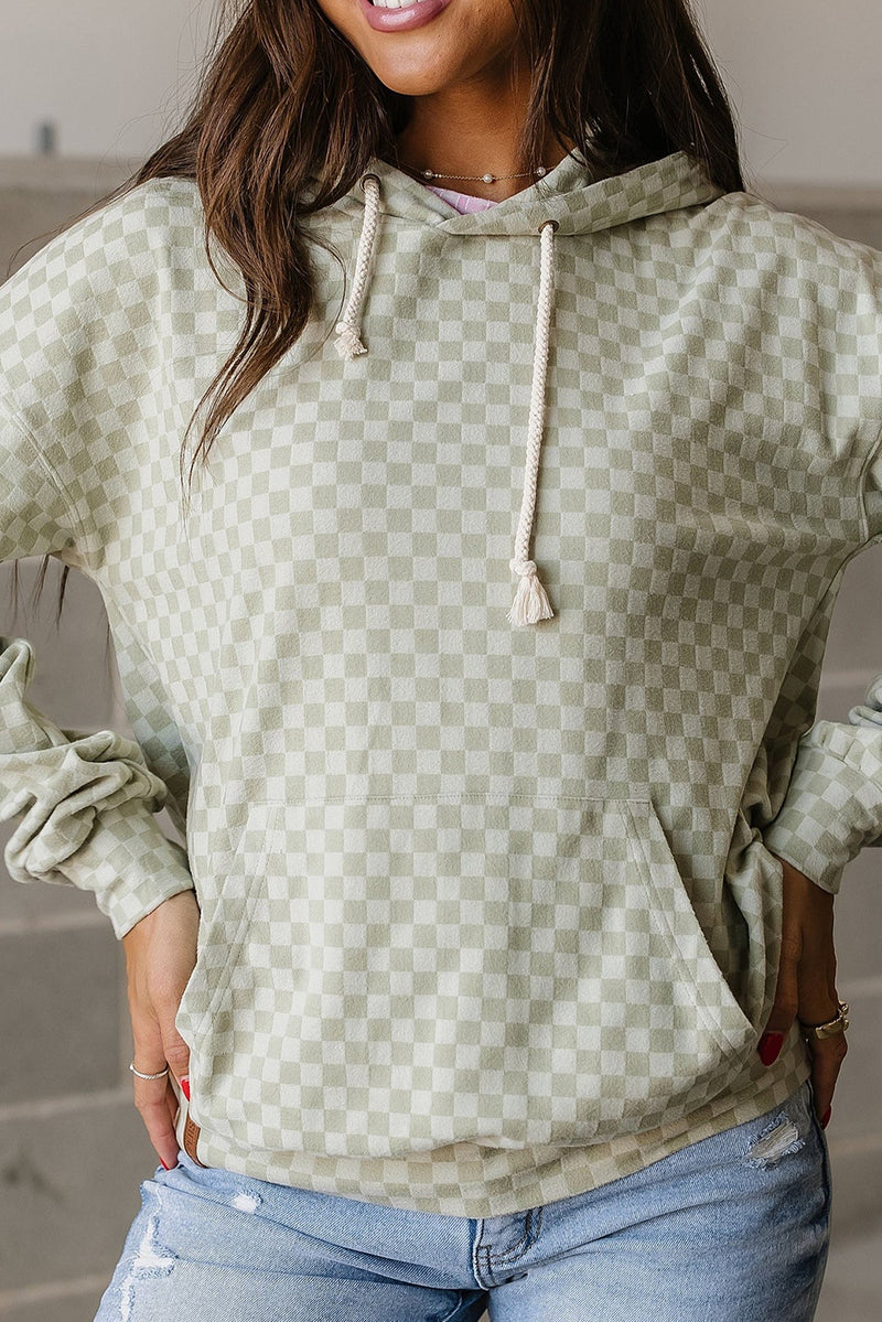 Khaki Checkered Kangaroo Pocket Hoodie