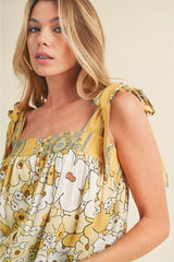 Yellow Floral Patchwork Boho Knot Straps Top