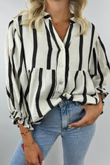 Black Stripe Crinkle Ruffle Sleeve Button Loose Top