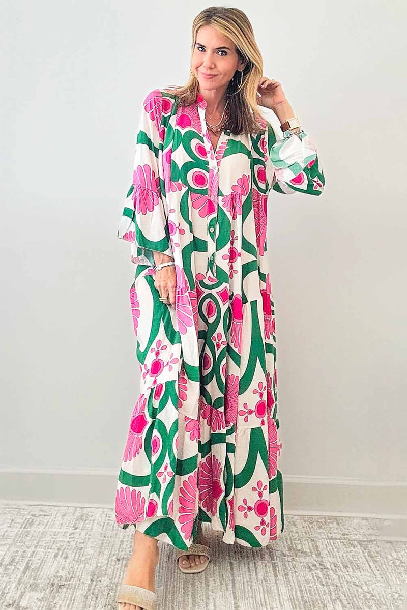 Pink Boho Abstract Button V Neck Oversized Maxi Dress Raining Rustic Boutique