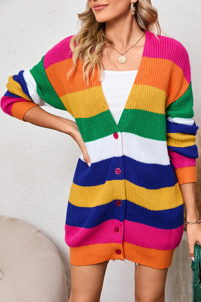 Multicolor Striped Print Button Front Knitted Long Cardigan