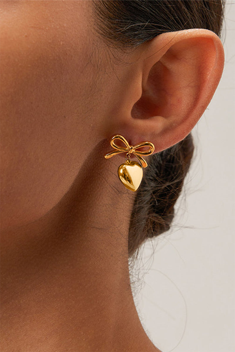 Gold Plated Valentines Heart and Bow Studded Earrings