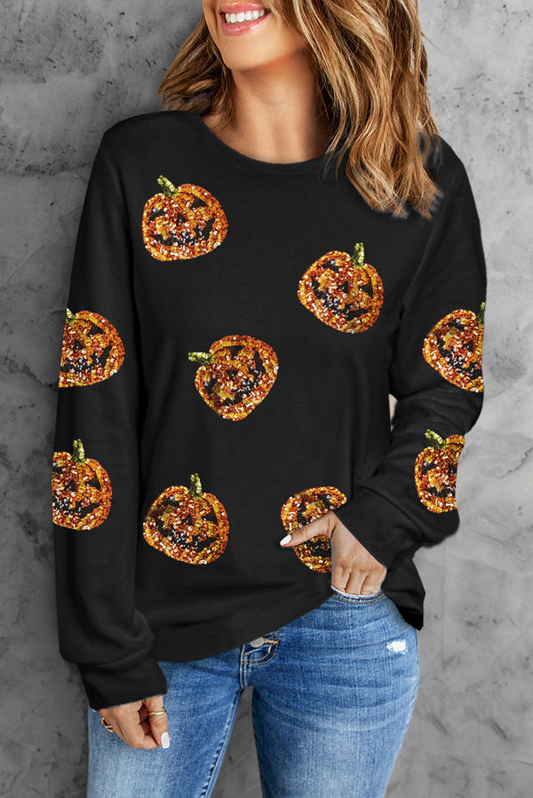 Black Halloween Sequin Pumpkin Face Graphic Sweatshirt