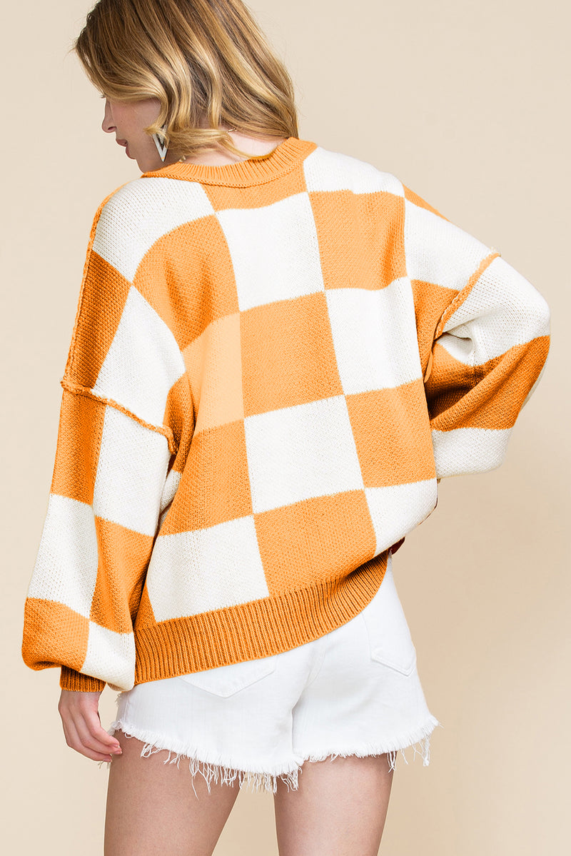 Grapefruit Orange Sequined Halloween Pumpkin Checkered Sweater