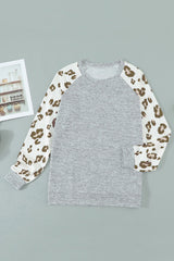 Grey Raglan Sleeve Cheetah Print Sleeve Long Sleeve Shirt