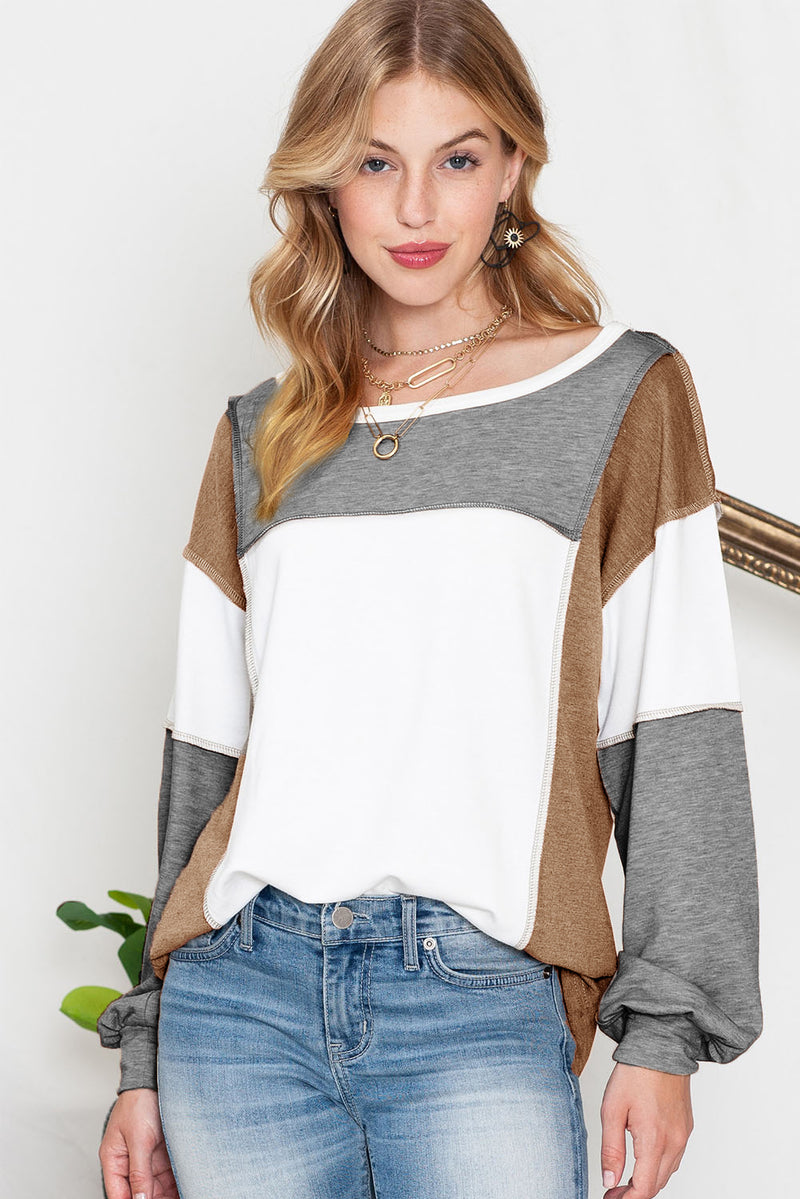 Khaki Color Block Exposed Seam Long Sleeve Top