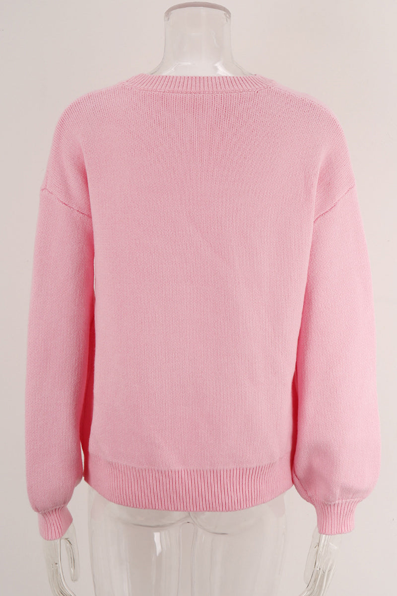 Pink Bow Round Neck Pullover Sweater