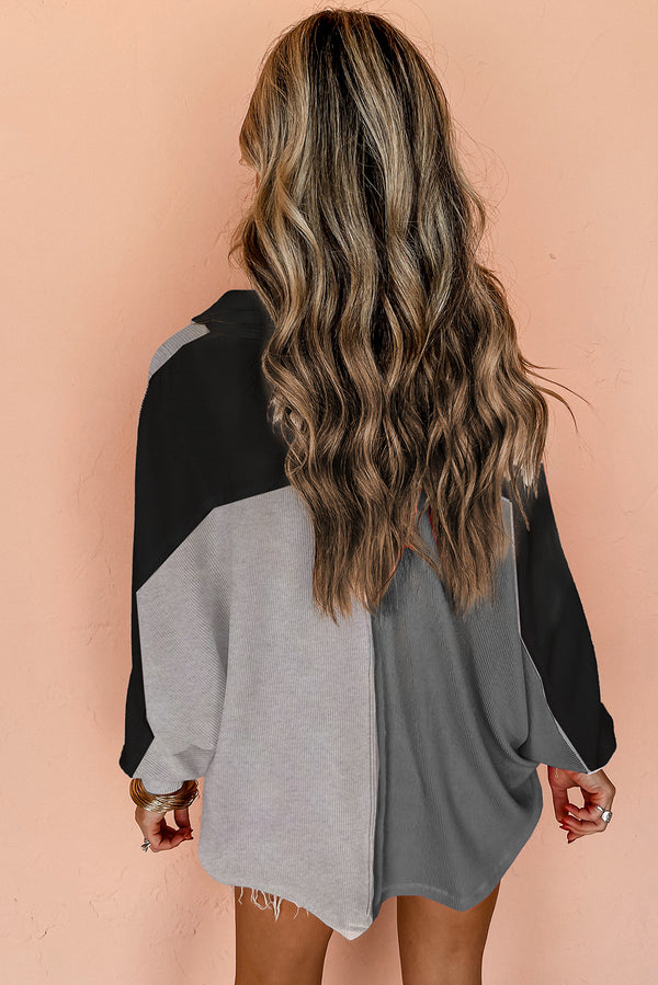 Gray Colorblock Patchwork Ribbed Oversized Henley Sweatshirt