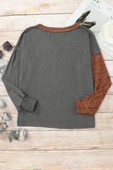 Brown Exposed Seam Patchwork V Neck Long Sleeve Top