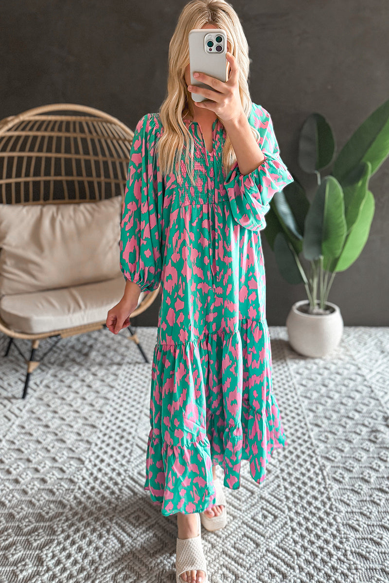 Green Abstract Print Puff Sleeve Smocked V Neck Maxi Dress