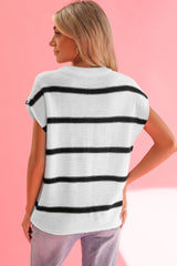 White Striped Center Seamed Short Sleeve Sweater