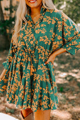 Green Floral Print Drawstring Flowy Short Dress