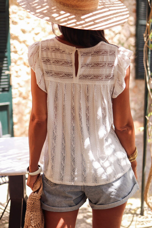 White Ruffled Lace Splicing Flowy Crewneck Sleeveless Shirt