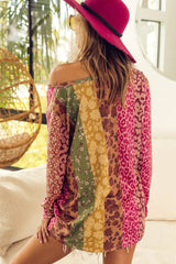 Multicolor Floral and Leopard Print Long Sleeve T Shirt