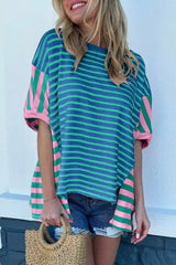 Blue Stripe Patchwork Slits Baggy T Shirt