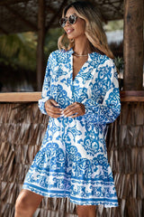 Sky Blue Ethnic Print Button Up Notch Neck Loose Mini Dress