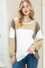 Khaki Color Block Exposed Seam Long Sleeve Top