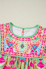 Orange Geometric Print Long Sleeve Keyhole Back Blouse