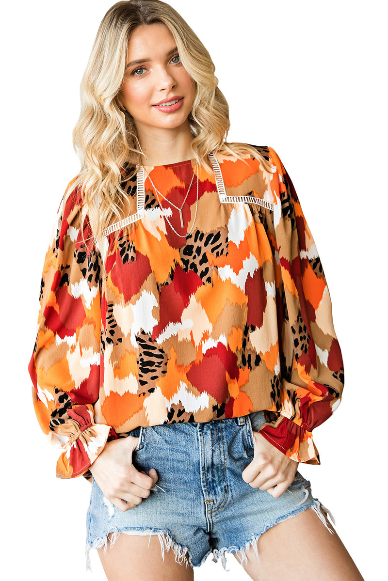 Multicolor Abstract Print Boho Ruffle Puff Sleeve Blouse