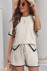 Apricot Contrast Trim Round Neck Tee and Drawstring Shorts Set