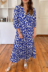 Blue Abstract Print V Neck Tiered Maxi Dress