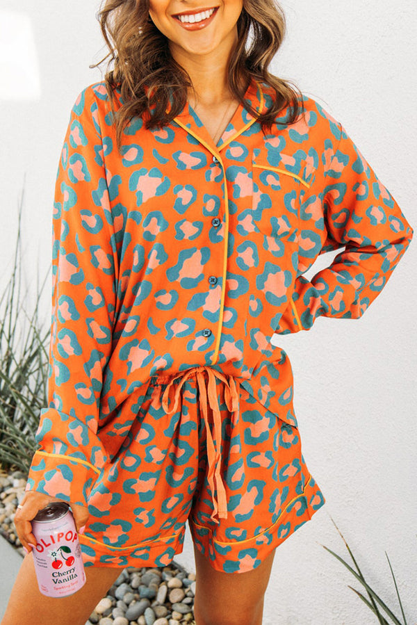 Orange Leopard Print Long Sleeve Shirt and Shorts Pajama Set