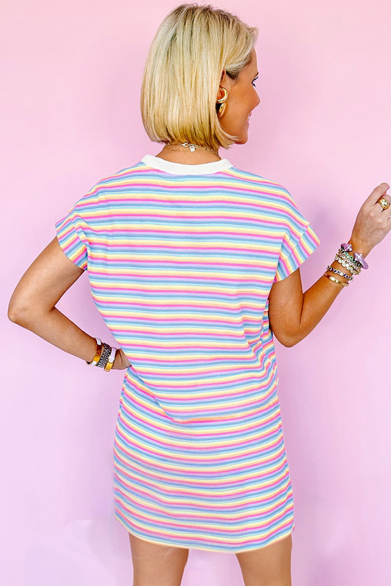 Yellow Striped Crew Neck Mini T Shirt Dress