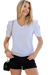 Green Solid Puff Sleeve Casual V Neck T-Shirt