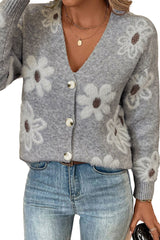 Light Grey Floral Print V Neck Knitted Button Up Cardigan