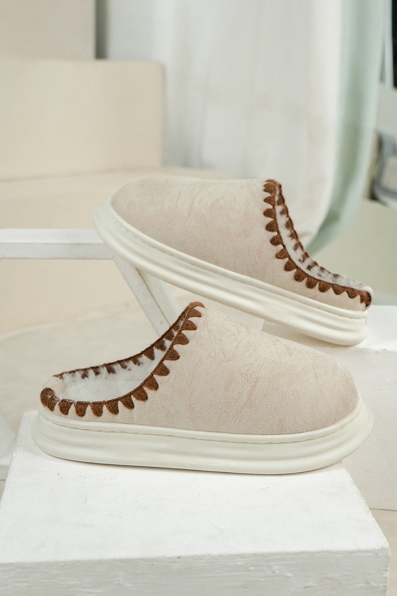 Beige Thick Sole Plush Lined Home Slippers