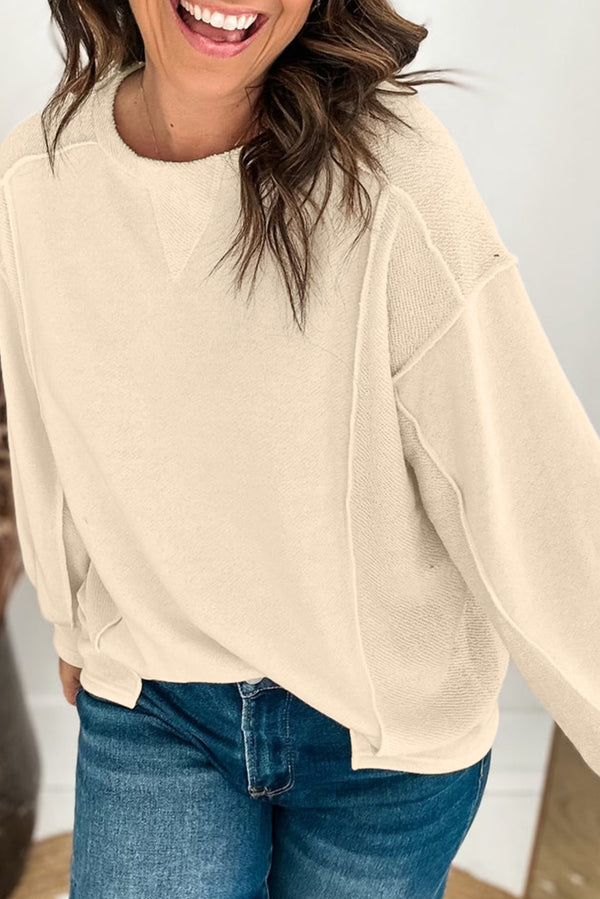 Beige Plain Exposed Seam Round Neck Pullover Sweatshirt