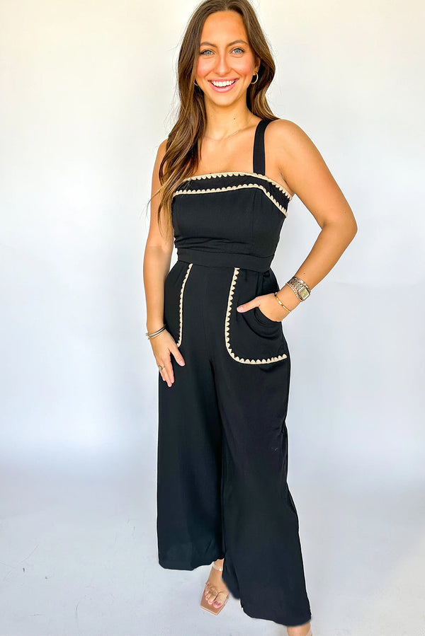 Black Ricrac Trim Pocket Wide Leg Jumpsuit