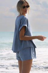 Light Blue Denim Loose Fit Tee and Shorts Set