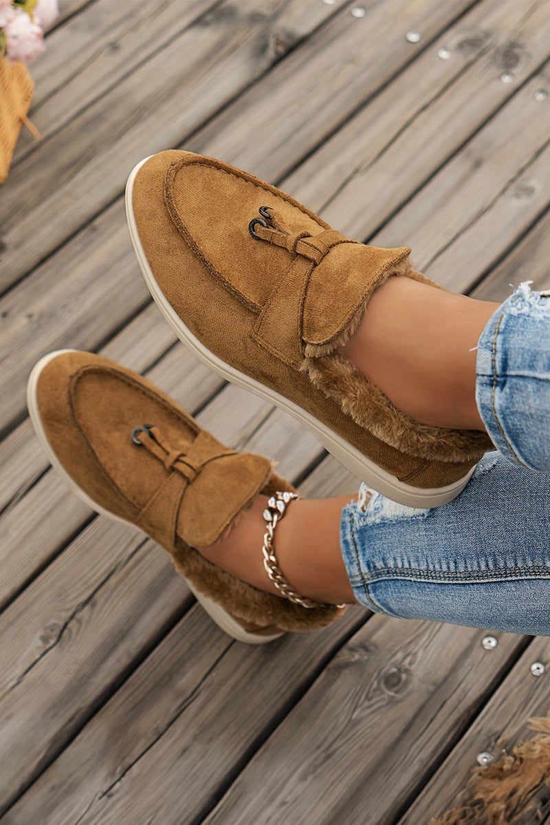 Chestnut Suede Furry Lined Slip On Flat Shoes