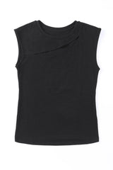 Black Solid Slash Cutout Summer Sleeveless Top