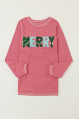 Strawberry Pink MERRY Christmas Corded Graphic Sweatshirt