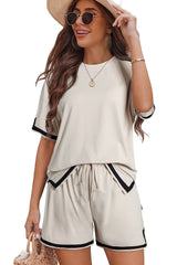 Apricot Contrast Trim Round Neck Tee and Drawstring Shorts Set